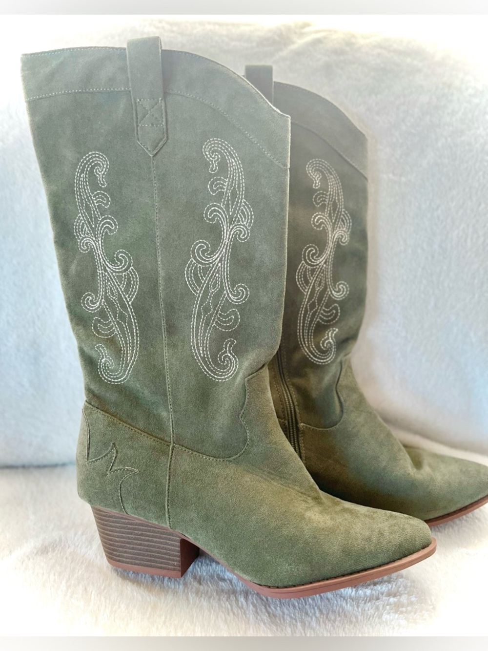 Women’s Olive Faux-Suede Western Calf-High Boots